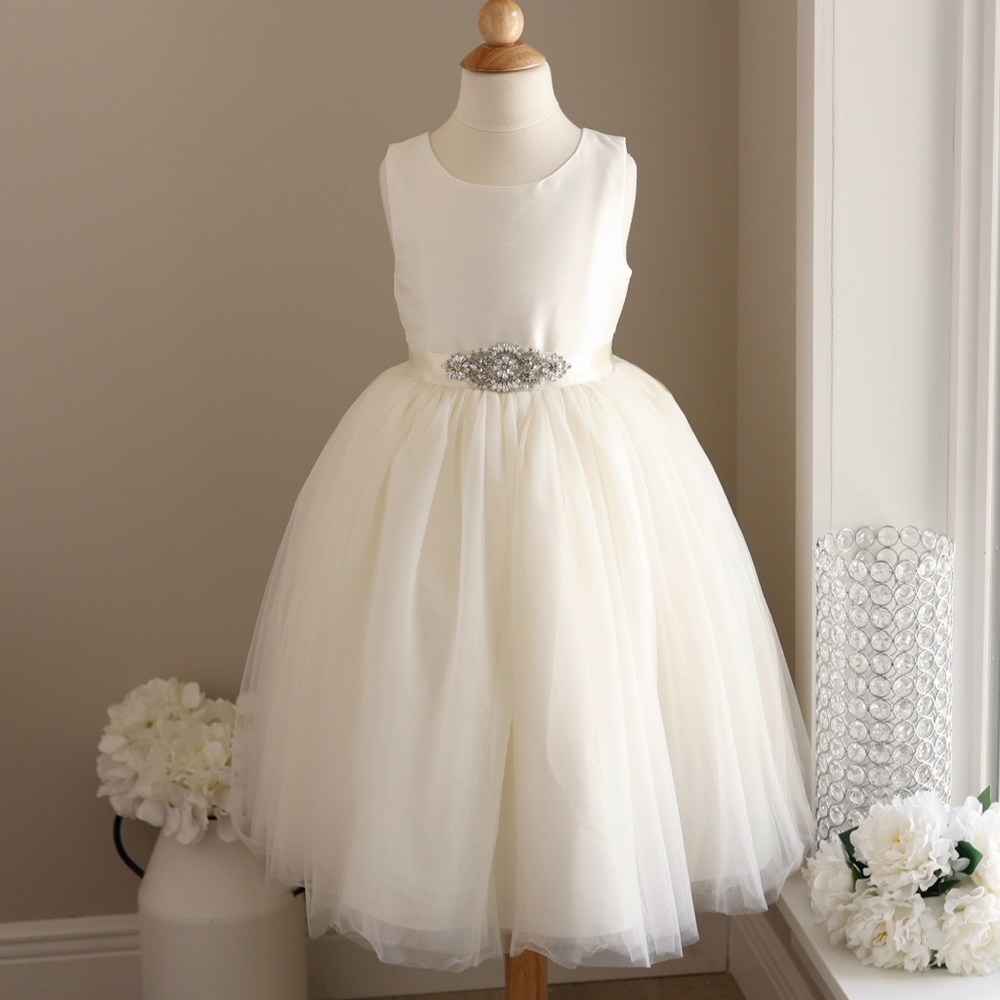 Ivory Flower Girl Dress Silk Blend Tulle Rhinestone Satin Ribbon Sash NWT